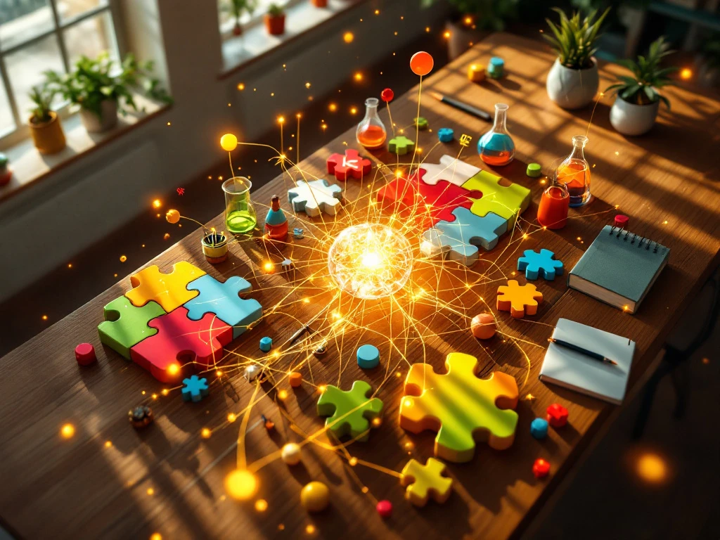 interdisciplinair-onderwijs-leeromgeving-integratie.jpg Luchtfoto van kleurrijke onderwijsmaterialen als puzzelstukjes verbonden door gouden draden op houten klaslokaal tafel