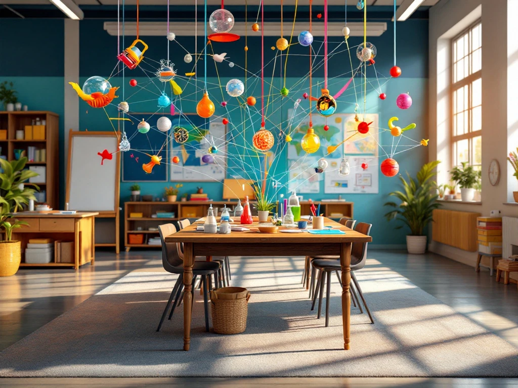 Moderne klaslokaal met thematische leerstations verbonden door kleurrijke linten, met natuurlijk licht en hands-on materialen