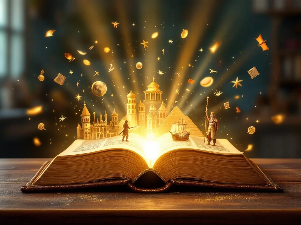 Open geschiedenisboek met gouden pagina's omringd door zwevende historische scènes van kastelen, piramides en vikingschepen