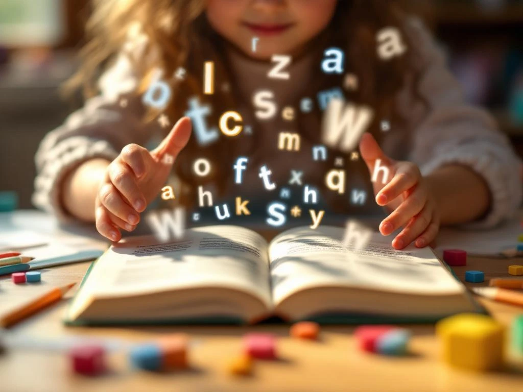 Kinderhanden houden open boek vast met zwevende letters, omringd door kleurrijk leermateriaal op houten bureau
