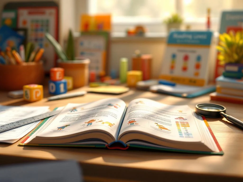 Open kinderboek met kleurrijke illustraties op houten bureau, omringd door meetinstrumenten en onderwijsmaterialen