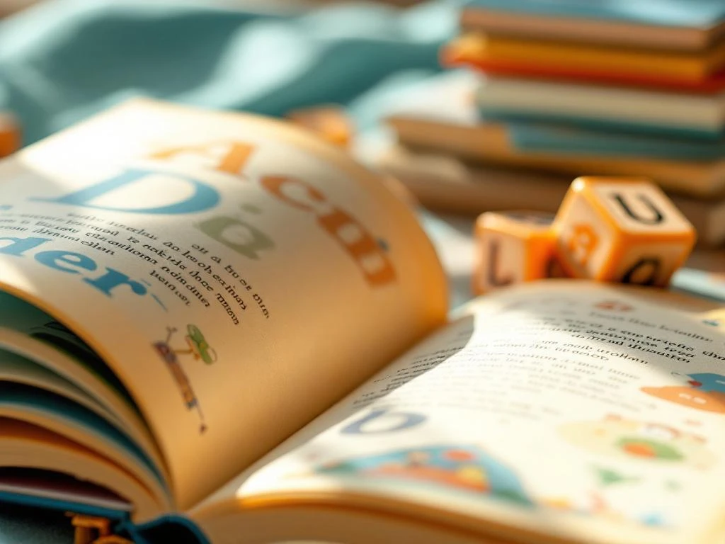 Open kinderboek met kleurrijke illustraties en grote letters, omringd door houten letterblokken op een bureau