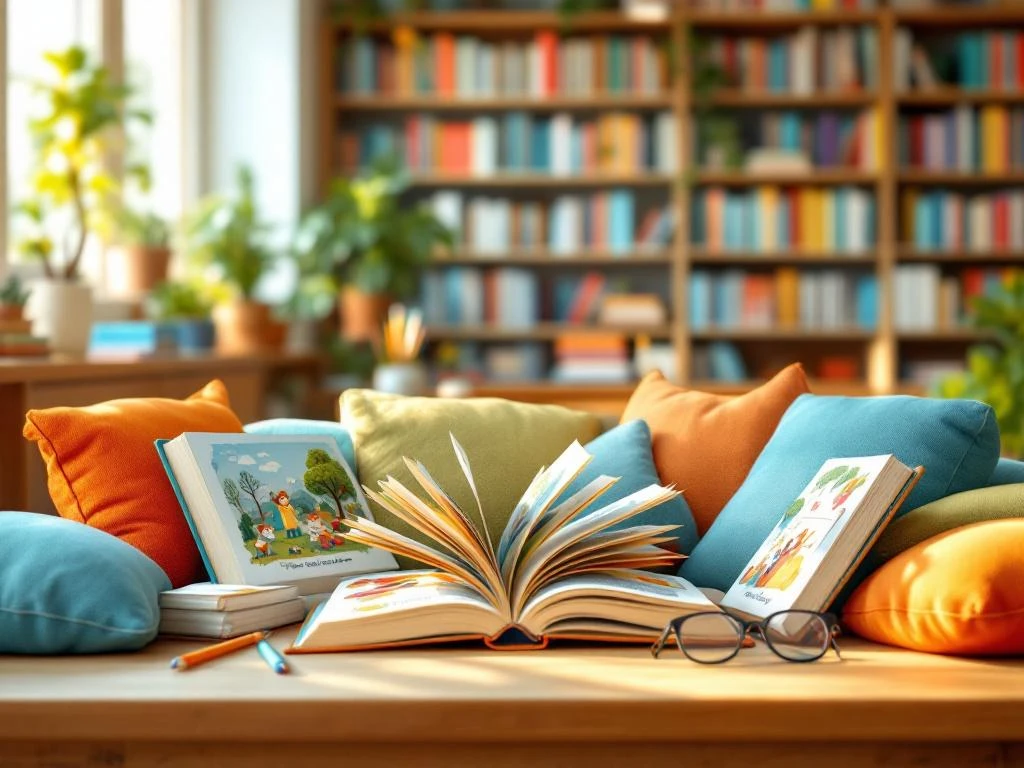Kleurrijke kinderboeken in halve cirkel op houten tafel met leeskussens en natuurlijk licht in gezellige klaslokaal