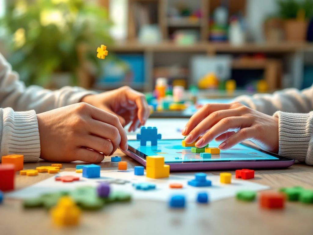 Kinderhanden gebruiken kleurrijke bouwblokken en tablets op moderne klaslokaalbureau met STEM-materialen op achtergrond