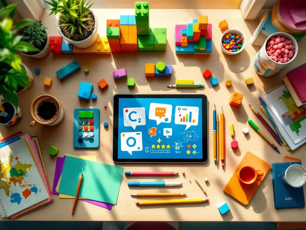 Moderne klaslokaalbureau met kleurrijke bouwblokken, tablet met codeersymbolen, kunstbenodigdheden en wetenschapsgereedschap