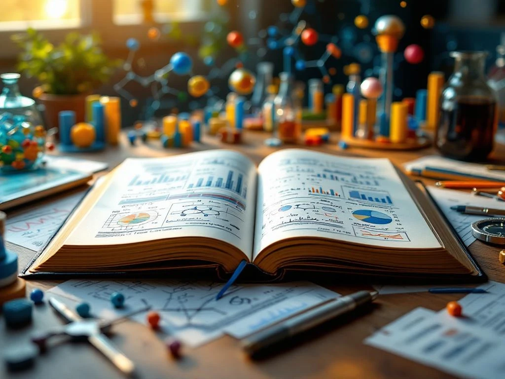 Open wetenschappelijk handboek met diagrammen omringd door tablet, molecuulmodellen en meetinstrumenten op bureau