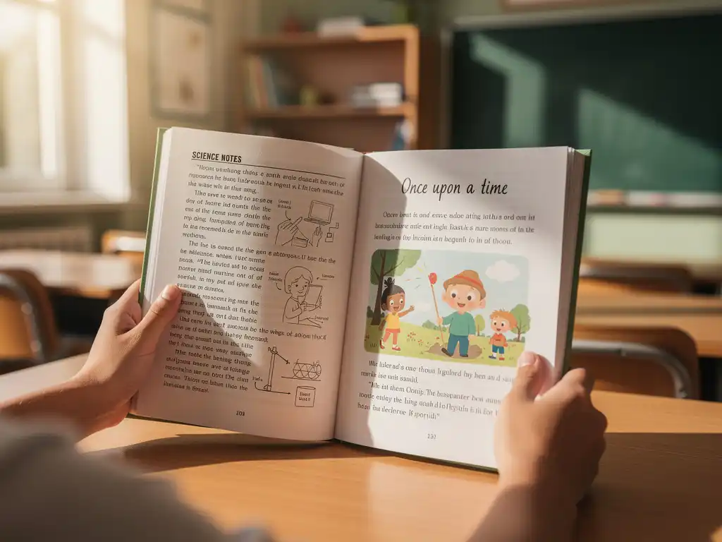 Student houdt twee verschillende boeken vast op houten klaslokaalbureau, één met informatieve tekst en diagrammen, ander met verhaal en illustraties