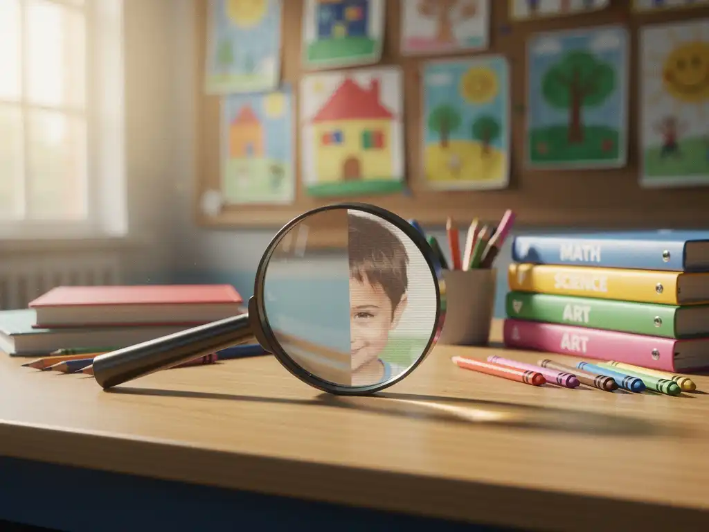 Vergrootglas onderzoekt foto met digitale vervormingen op houten bureau omringd door kleurrijk onderwijsmateriaal in klaslokaal