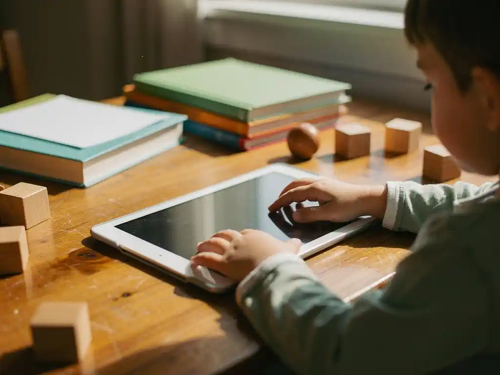 Kind bedient tablet op klaslokaalbureau met educatieve boeken en houten leerblokken, natuurlijk licht door raam