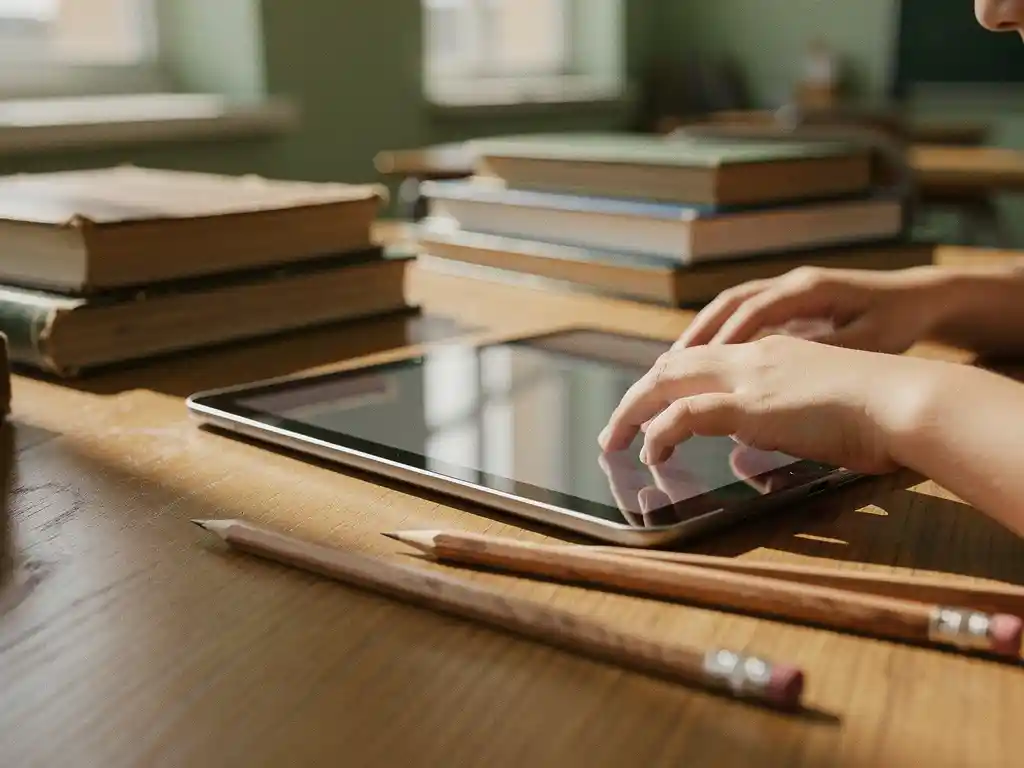 digitaal-leren-tablet-kinderen-onderwijs.jpg Kind gebruikt tablet op klaslokaalbureau met schoolboeken en potloden eromheen in warm natuurlijk licht