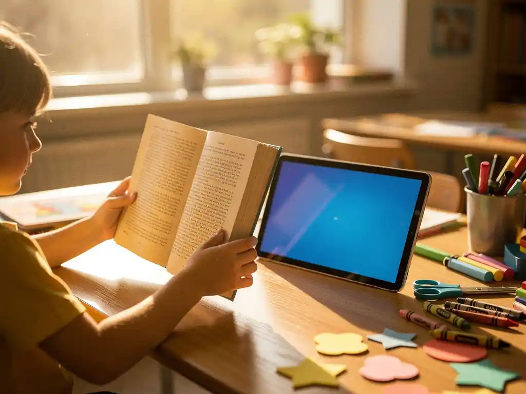 Kinderhanden houden traditioneel boek en moderne tablet op houten schoolbank met natuurlijk licht en kleurrijke leermaterialen