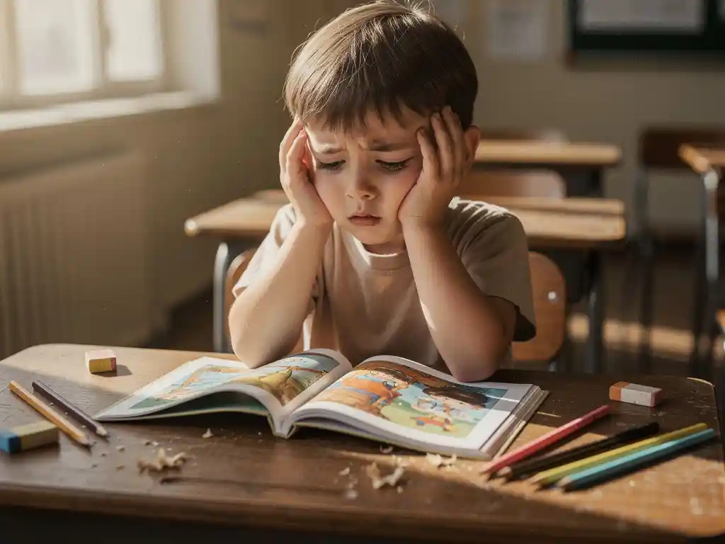 Kind met bezorgde uitdrukking leest kleurrijk prentenboek aan houten schooltafel met potloden en gummen