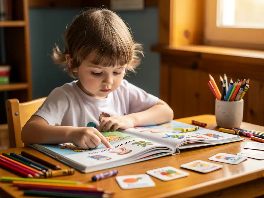 kind-leren-lezen-klaslokaal-onderwijs.jpg Kind traceert woorden met vinger in kleurrijk prentenboek aan houten schooltafel, natuurlijk licht door raam