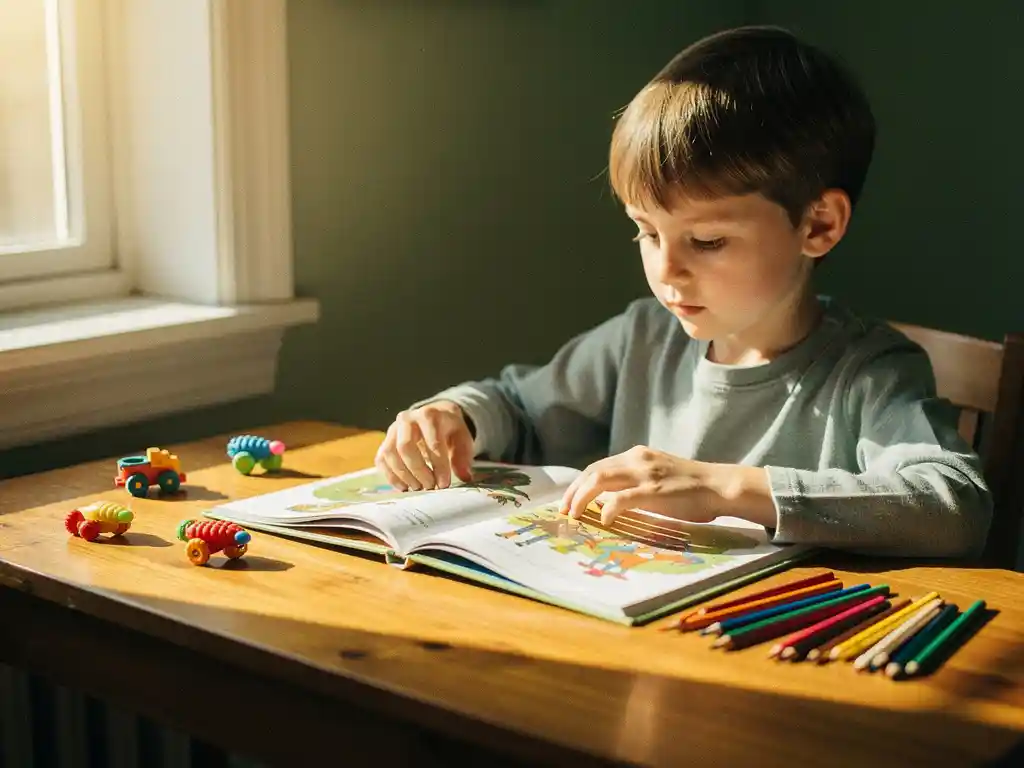 Kind leest geconcentreerd kleurrijk prentenboek aan houten bureau bij raam met natuurlijk licht en kleurpotloden