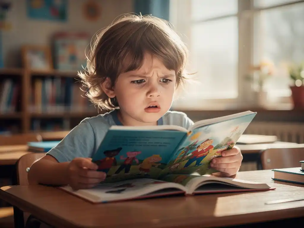 Kind leest hardop uit prentenboek met verwarde uitdrukking in warme klaslokaal met natuurlijk licht