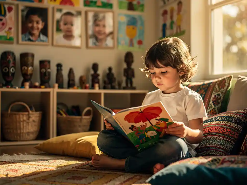 kinderen-lezen-culturele-diversiteit-klaslokaal.jpg Kind leest kleurrijk prentenboek in gezellige leeshoek met culturele kunstwerken en familiefoto's aan de muur