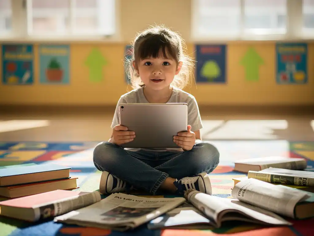 Nieuwsgierig basisschoolkind zit kleermakerszit op kleurrijk klaslokaalkleed met tablet, omringd door boeken en tijdschriften