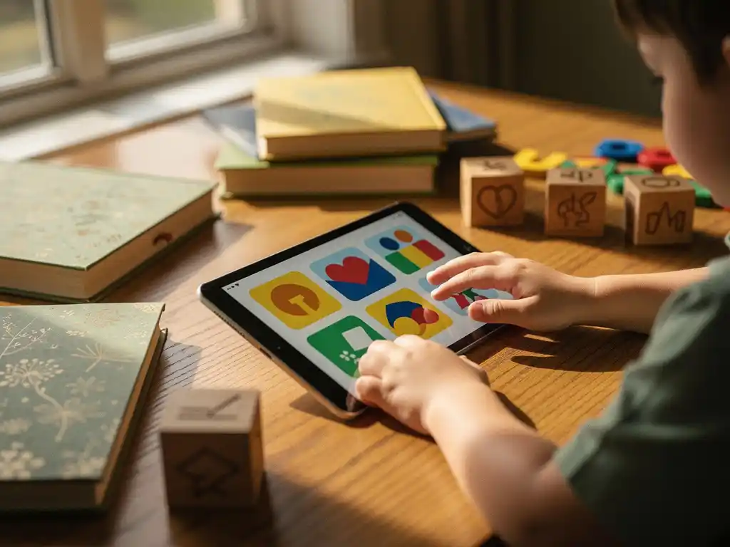 Kind gebruikt tablet met educatieve content naast traditionele boeken en houten blokken op klaslokaal tafel