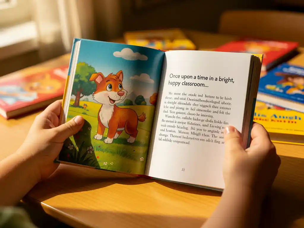 Kind houdt open prentenboek vast aan houten klaslokaalbureau met kleurrijke boeken en leermaterialen