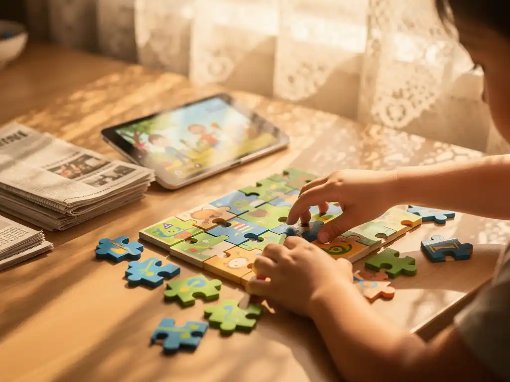 Kind speelt met kleurrijke houten puzzel op keukentafel, tablet met interactief verhaal en kranten in zachte ochtendzon
