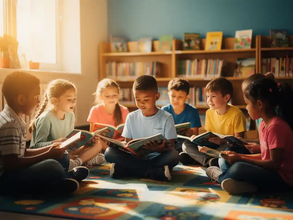 Basisschoolkinderen zitten in een kring op kleurrijk tapijt met prentenboeken terwijl één kind voorleest in zonnige klashoek