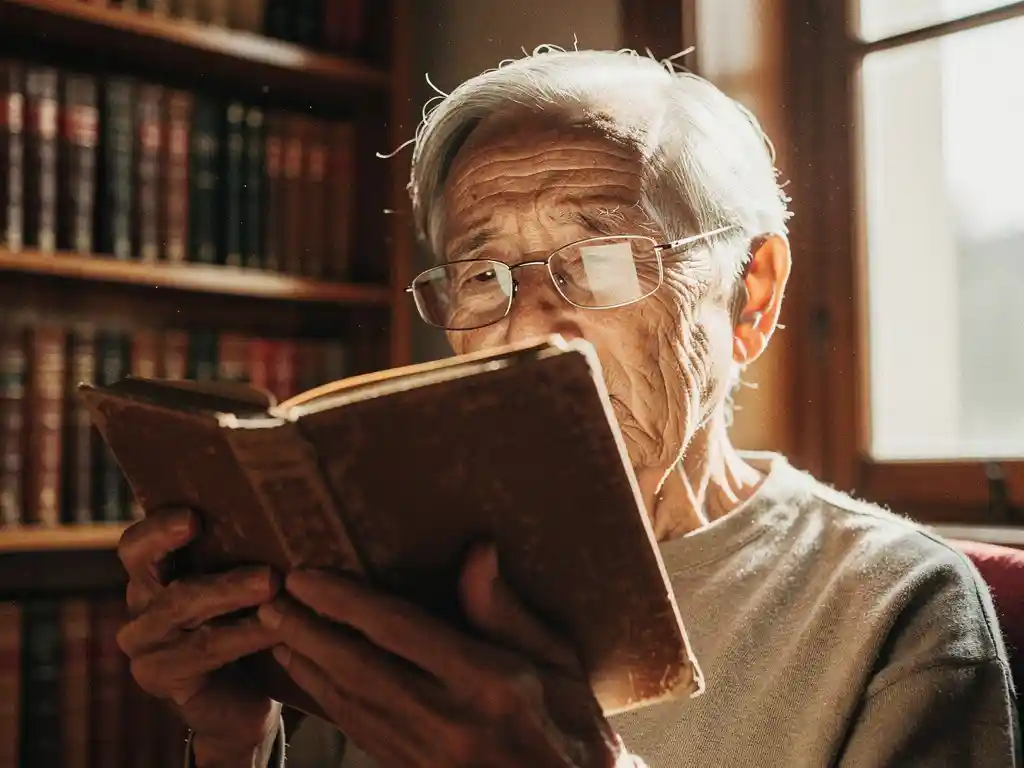 ouderen-lezen-bibliotheek-bril-boek.jpg Oudere persoon leest boek door leesbril in zonnige bibliotheek met houten boekenplanken