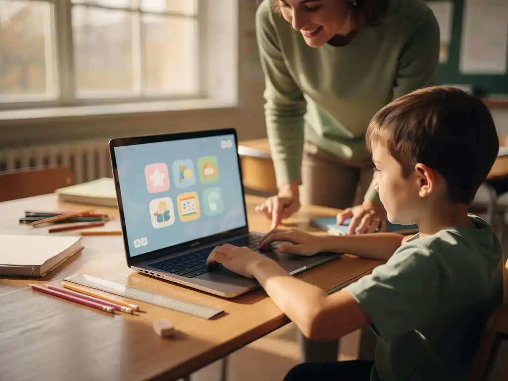 Student typt op laptop met educatieve apps terwijl leraar begeleidt aan houten bureau met schoolspullen in zonnig klaslokaal