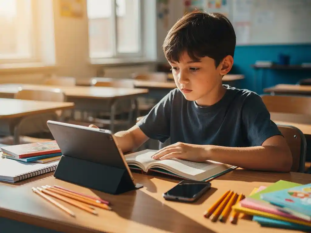 student-multitasking-digitaal-onderwijs-klaslokaal.jpg Jonge student leest boek terwijl hij tablet en smartphone bekijkt aan houten schoolbank met kleurrijke leermaterialen