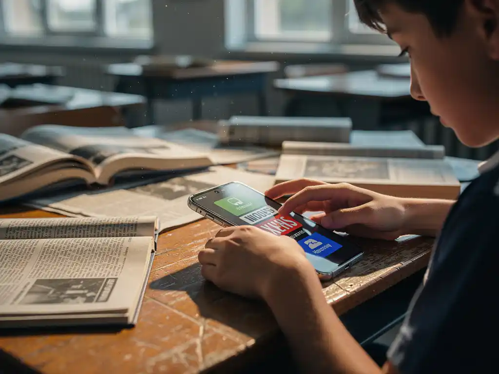 mediavaardigheden-student-smartphone-nieuwsheadlines-onderzoek.jpg Student onderzoekt nieuwskoppen op smartphone omringd door kranten en boeken op houten lessenaar in klaslokaal