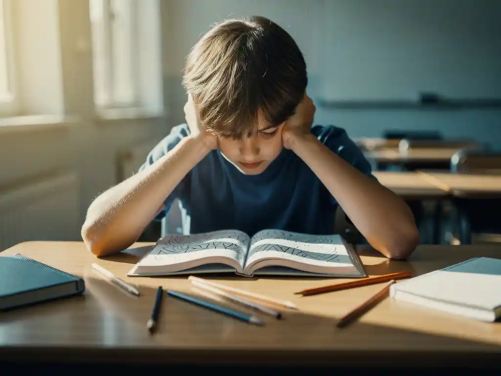 Student rust hoofd in handen terwijl hij naar open studieboek kijkt in klaslokaal met zachte middagzon door ramen